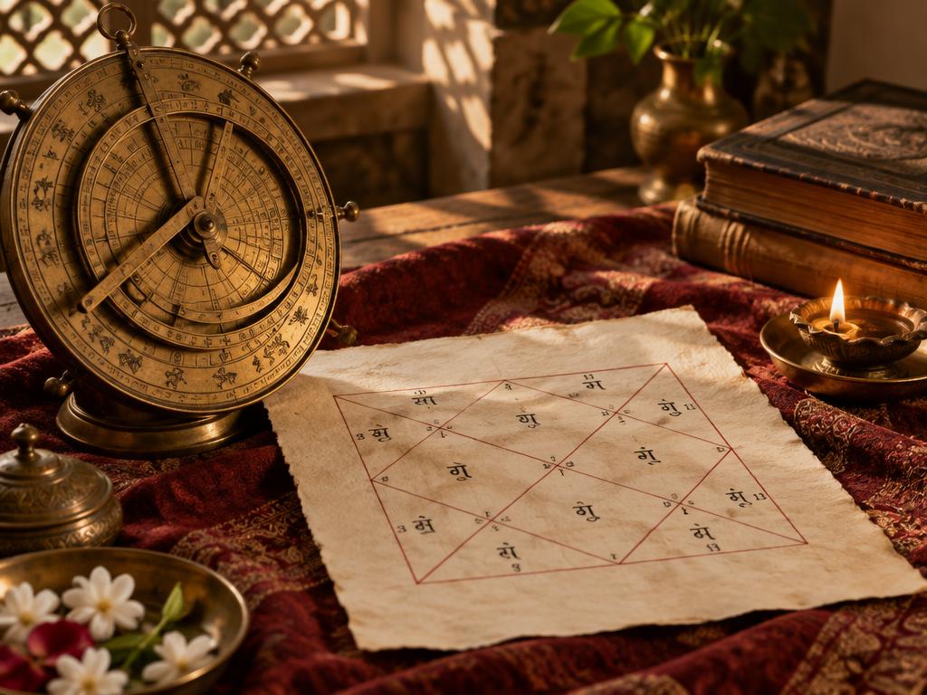 Traditional kundli chart and brass astrological instrument