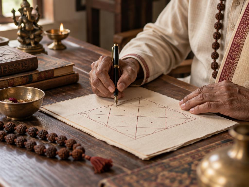 Vedic astrologer preparing a traditional chart